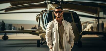 AI generated a man in arabic standing in front of a large helicopter in front of city photo