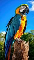 AI generated A majestic macaw posing on a tree trunk, with its vibrant blue and green feathers shining photo
