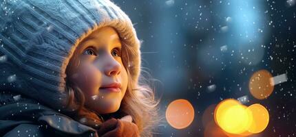 AI generated a little girl looking at the lights in the snow photo