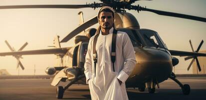 AI generated a man in arabic standing in front of a large helicopter in front of city photo