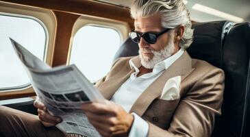 ai generado un hombre leyendo en un avión mientras él toma apagado su Zapatos y Gafas de sol foto