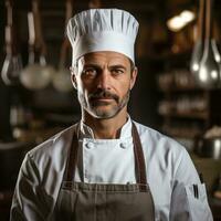 AI generated A close-up shot of a handsome chef holding a whisk with a serious look on his face photo