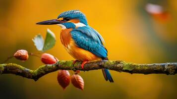 ai generado un vistoso martín pescador encaramado en un árbol rama foto