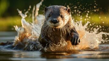 ai generado un curioso y juguetón nutria salpicaduras mediante el agua foto