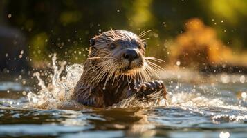 ai generado un curioso y juguetón nutria salpicaduras mediante el agua foto