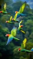 ai generado un rebaño de loros en vuelo, su vibrante plumaje contrastando en contra el lozano verde follaje foto