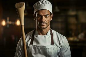 AI generated A close-up shot of a handsome chef holding a whisk with a serious look on his face photo