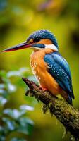 ai generado un vistoso martín pescador encaramado en un árbol rama foto