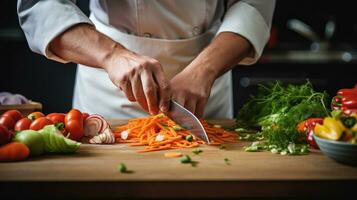 AI generated A close-up shot of a chef's hands as he expertly cuts vegetables with a sharp knife photo