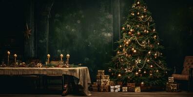 ai generado un Navidad árbol en un de madera mesa foto