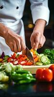 ai generado un de cerca Disparo de un del chef manos como él expertamente cortes vegetales con un agudo cuchillo foto