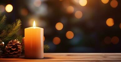 AI generated a candle hanging on a wooden table with greenery next to it photo