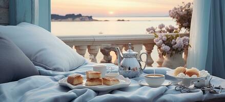 ai generado un cama con blanco hojas y un bandeja con café y té foto