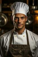 AI generated A close-up shot of a handsome chef holding a whisk with a serious look on his face photo
