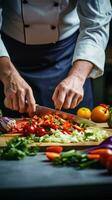 AI generated A close-up shot of a chef's hands as he expertly cuts vegetables with a sharp knife photo