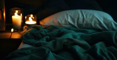 ai generado un cama es cubierto con mantas y velas foto