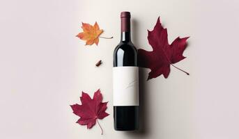 ai generado un botella de rojo vino y otoño hojas foto