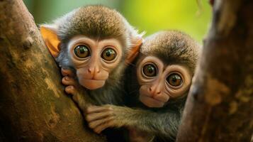 AI generated A pair of adorable baby monkeys cling to their mother's back as they swing through the trees photo