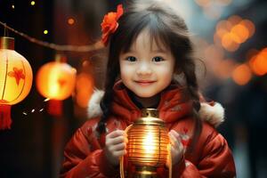 ai generado un linda chino niña vistiendo tradicional ropa participación un linterna en lunar nuevo año. generativo ai. foto