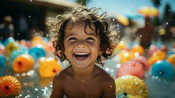 ai generado contento niño jugando en nadando piscina durante verano vacaciones. generativo ai. foto