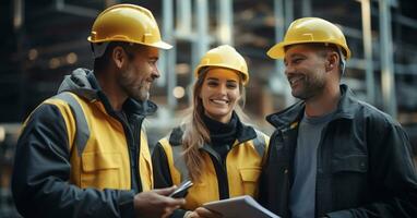 ai generado construcción trabajador cabezas cuales son vistiendo el la seguridad casco a el construcción sitio. generativo ai. foto