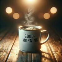 AI generated Closeup of coffee mug with text good morning, hot beverage with steam photo