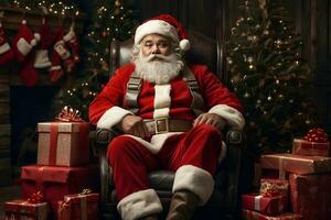 ai generado Papa Noel claus sentado en un silla con un bolso de regalos foto