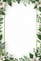 AI generated Green Leaf With White Flower Border Frame photo