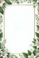 AI generated Green Leaf With White Flower Border Frame photo