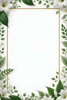 AI generated Green Leaf With White Flower Border Frame photo