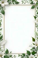 AI generated Green Leaf With White Flower Border Frame photo