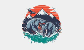 elephant and hippo on mountain vector artwork design