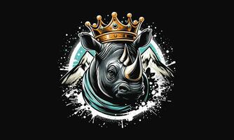 head rhino wearing crown on mountain vector artwork design