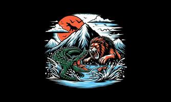 lion fight with crocodile on mountain vector artwork design