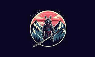 samurai mask with katana background mountain vector design