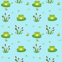 Cute cartoon style frog character sitting on a green leaf with flowers and reeds. Funny seamless pattern vector