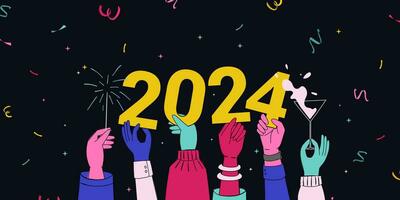 A Web Banner That Shows the Hands of a Diversity Group Cheering and Celebrating New Year by Playing Sparkler and Drinking Champagne with Confetti. Holding Number 2024 vector