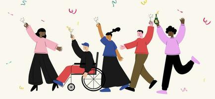 A Diversity Group Cheering and Celebrating New Year by Playing Sparklers and Drinking Champagne. Neutral color vector