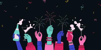 A Web Banner That Shows the Hands of a Diversity Group Cheering and Celebrating New Year by Playing Sparklers and Drinking Champagne on Confetti Background. vector