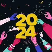 A Social Media Post That Shows the Hands of a Diversity Group Cheering and Celebrating New Year by Playing Sparkler and Drinking Champagne. Holding Number 2024 vector