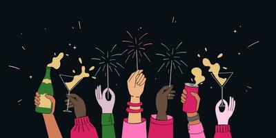 A Web Banner That Shows the Hands of a diverse group Cheering and Celebrating New Year by Playing Sparklers and Drinking Champagne on Confetti Background. Neutral Color vector