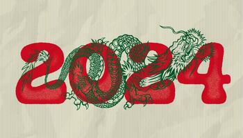 Vector illustration of a green Chinese dragon. Tattoo of green dragon in asian style. Chinese new year 2024.