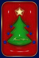 3D Christmas Tree in glossy plastic design, three-dimensional glowing card, bright green fir for cover, invitation, calendar, party, label, fashion vector illustration on shiny red background