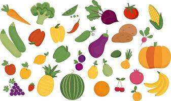 conjunto de frutas y vegetales en blanco antecedentes. orgánico productos vegetarianismo. ilustraciones para web sitios, móvil aplicaciones, infografías, pancartas, impreso materiales vector