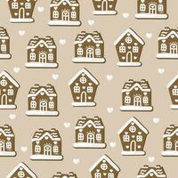 Seamless pattern with hand drawn gingerbread houses. Background with traditional Christmas pastries. Winter doodles for New Year and Valentine's Day vector