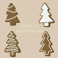 Christmas tree gingerbread collection with snowfalls on the background. Hand drawn set of traditional holiday pastry vector