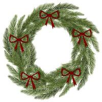 Christmas wreath made of spruce with red bows from ribbons in a realistic style. Vector isolated illustration on a winter holiday theme on the white background