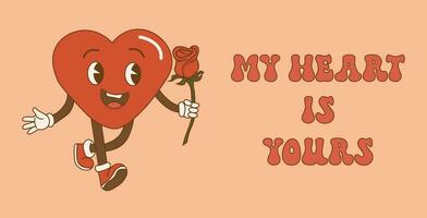 Groovy lovely heart retro poster. Groovy retro heart. Hippie happy heart in retro cartoon style.Valentines Day. Vintage heart vector
