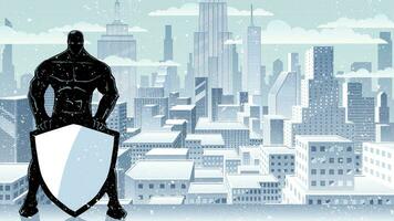 Superhero Holding Shield Winter City Silhouette vector