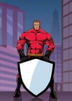 Superhero Holding Shield in City Vertical vector